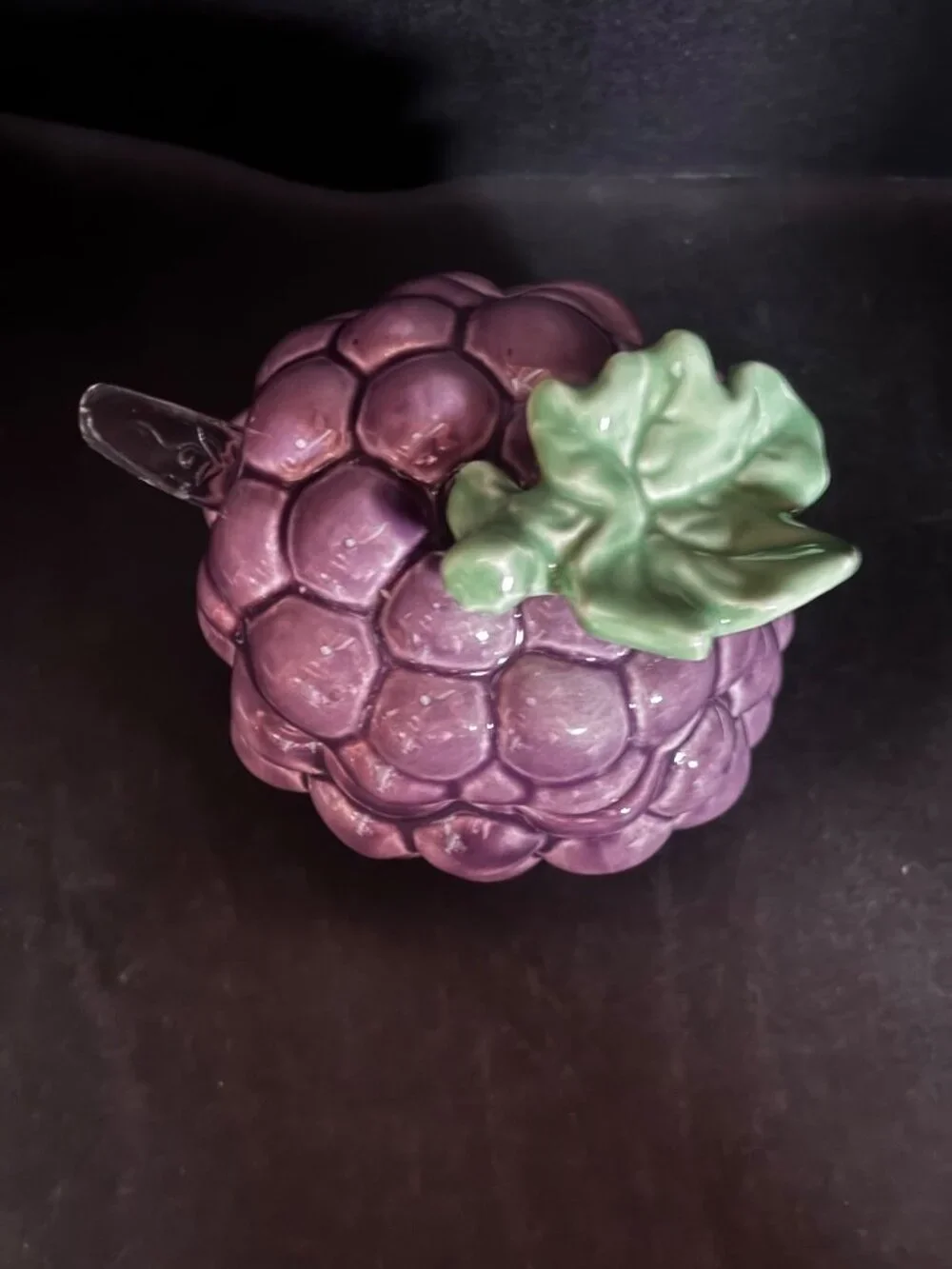 Ceramic Purple Grape Jam Sugar Jar With Lid Spoon Green Leaf Accent Vintage 80s